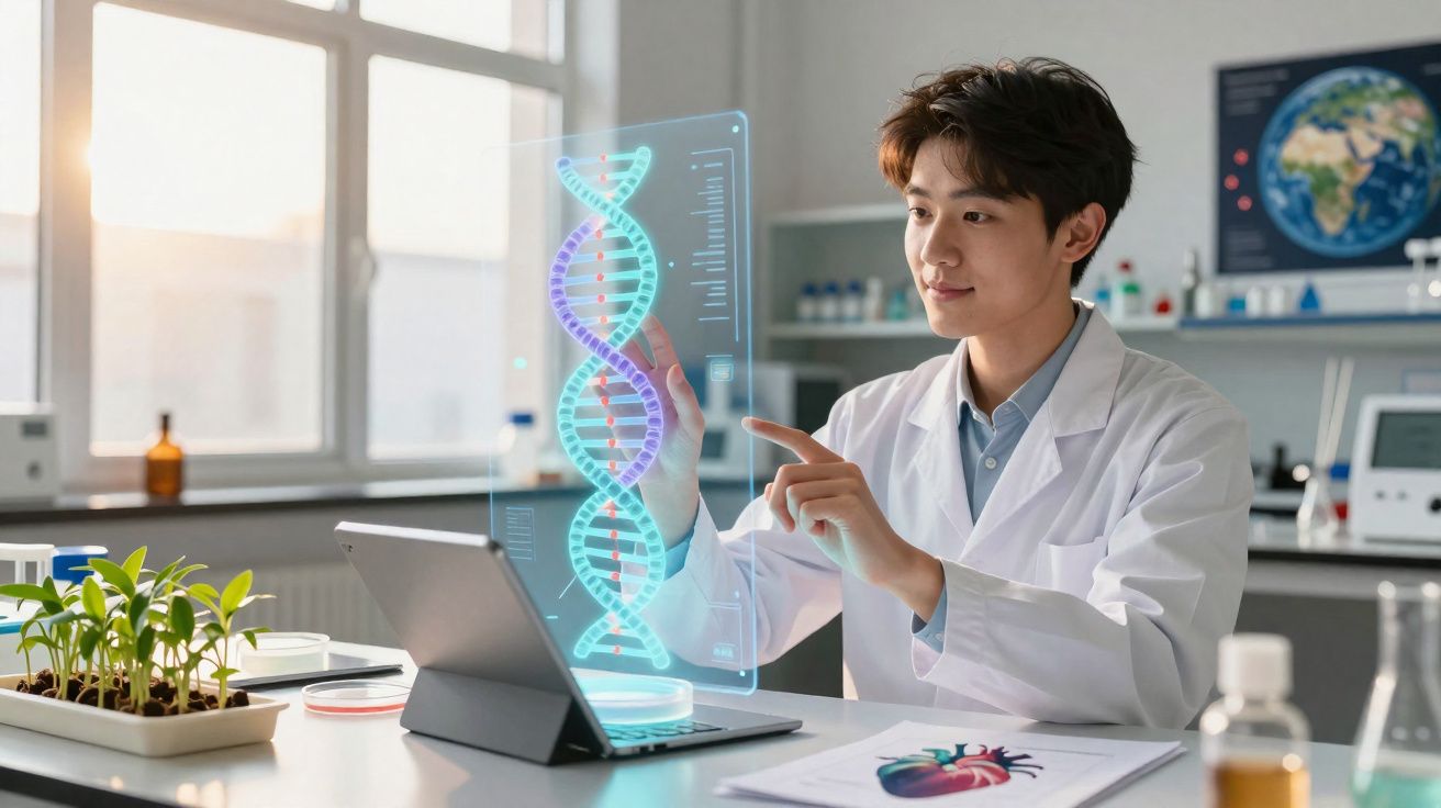 Cientista em laboratório a analisar holograma digital de hélice de ADN junto a plantas e tablet.