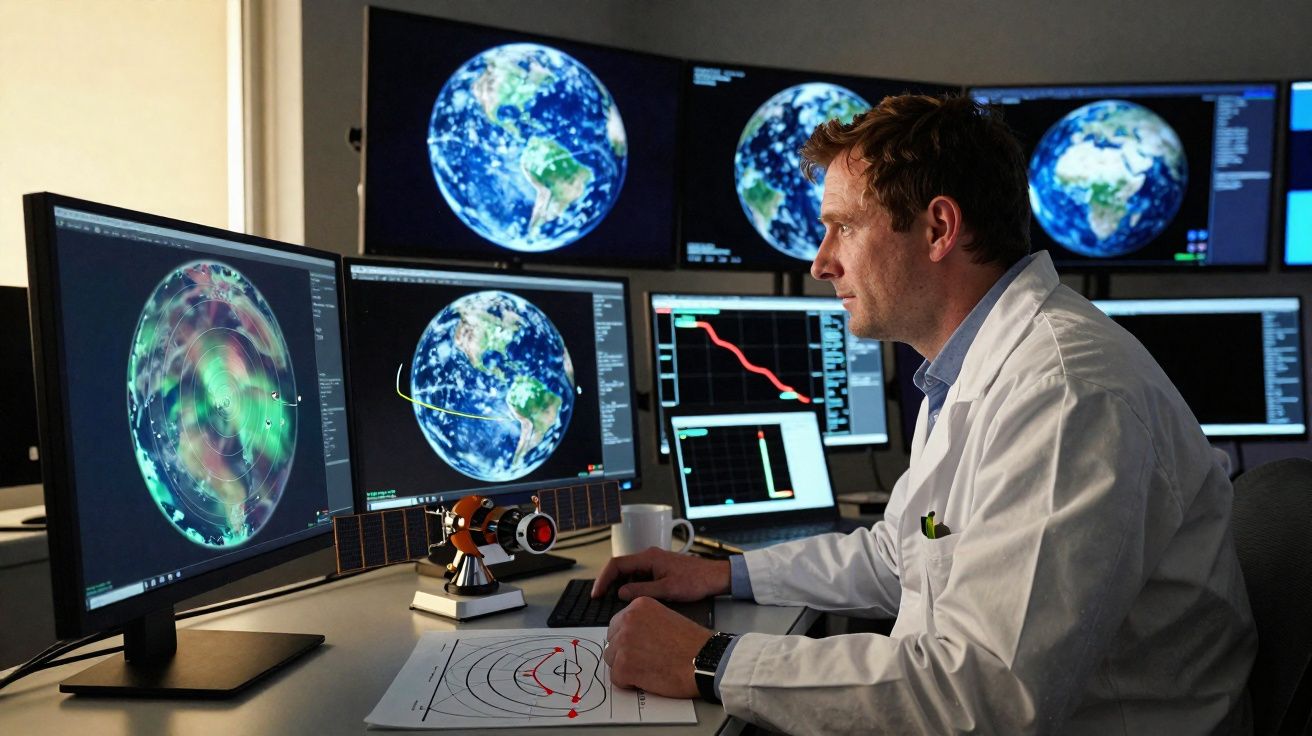 Homem de bata branca a analisar dados da Terra em múltiplos ecrãs num centro de controlo.