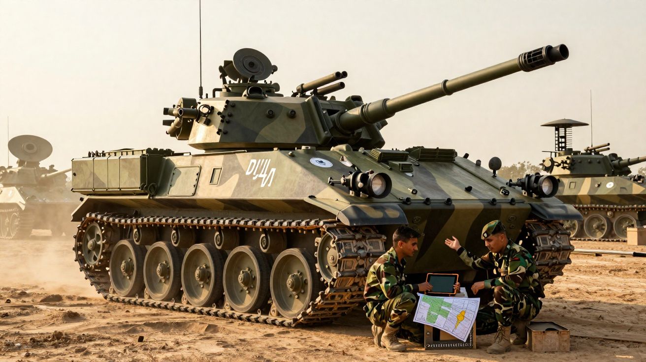 Dois soldados com uniformes camuflados consultam mapas junto a um tanque militar em terreno seco.