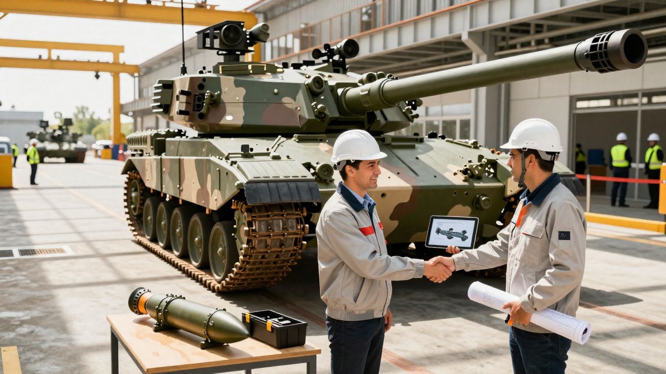 Dois engenheiros com capacetes brancos apertam as mãos junto a tanque militar camuflado numa fábrica.