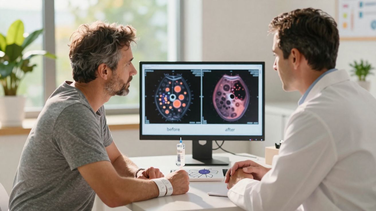 Homem consulta médico que lhe mostra imagens de exames cerebrais comparativos no ecrã do computador.