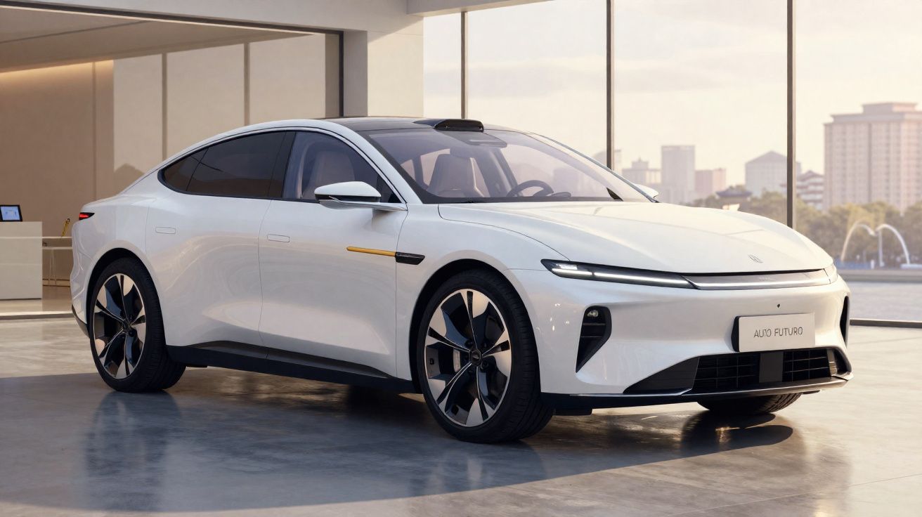 Carro elétrico moderno branco estacionado em interior com vidros grandes e cidade ao fundo.