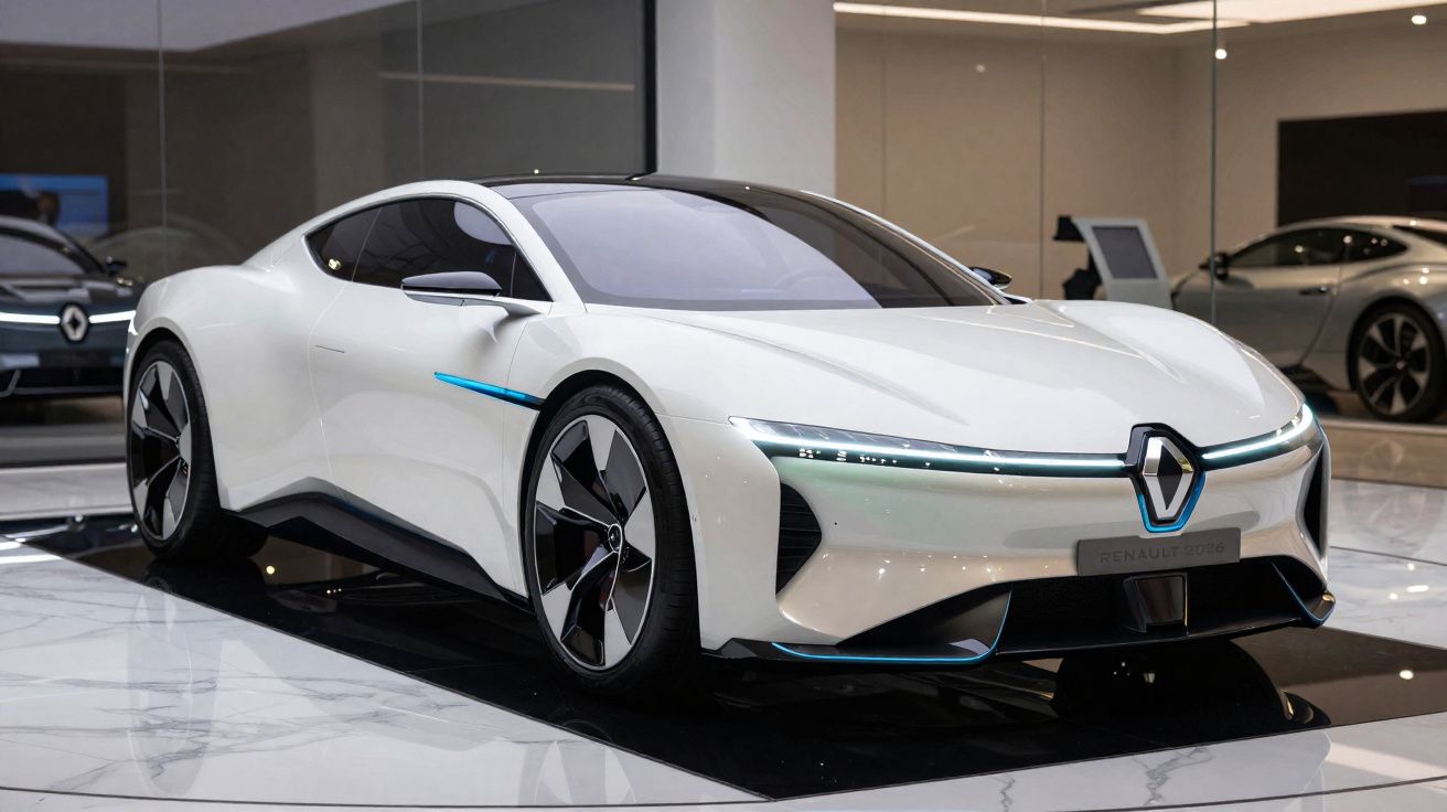 Carro desportivo elétrico branco da Renault exposto em sala moderna com chão branco e reflexo no espelho.