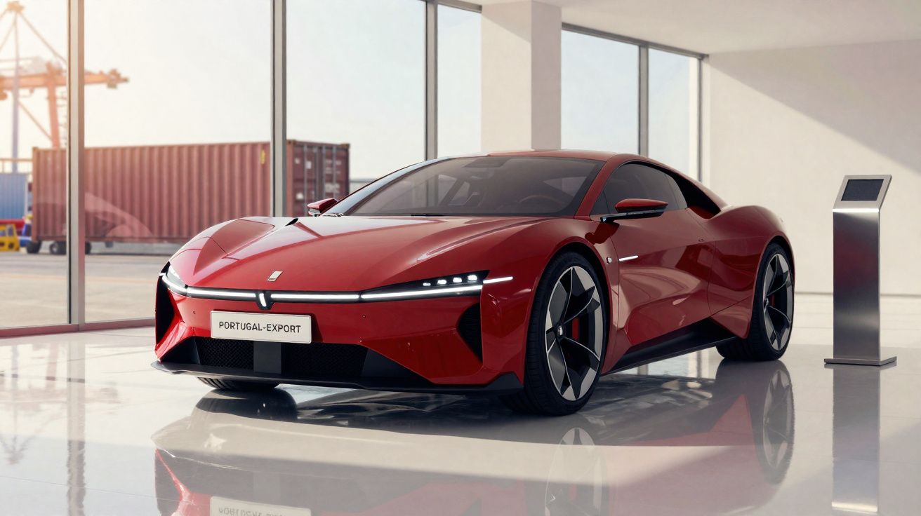 Carro desportivo elétrico vermelho estacionado numa sala com janelas grandes e chão polido.