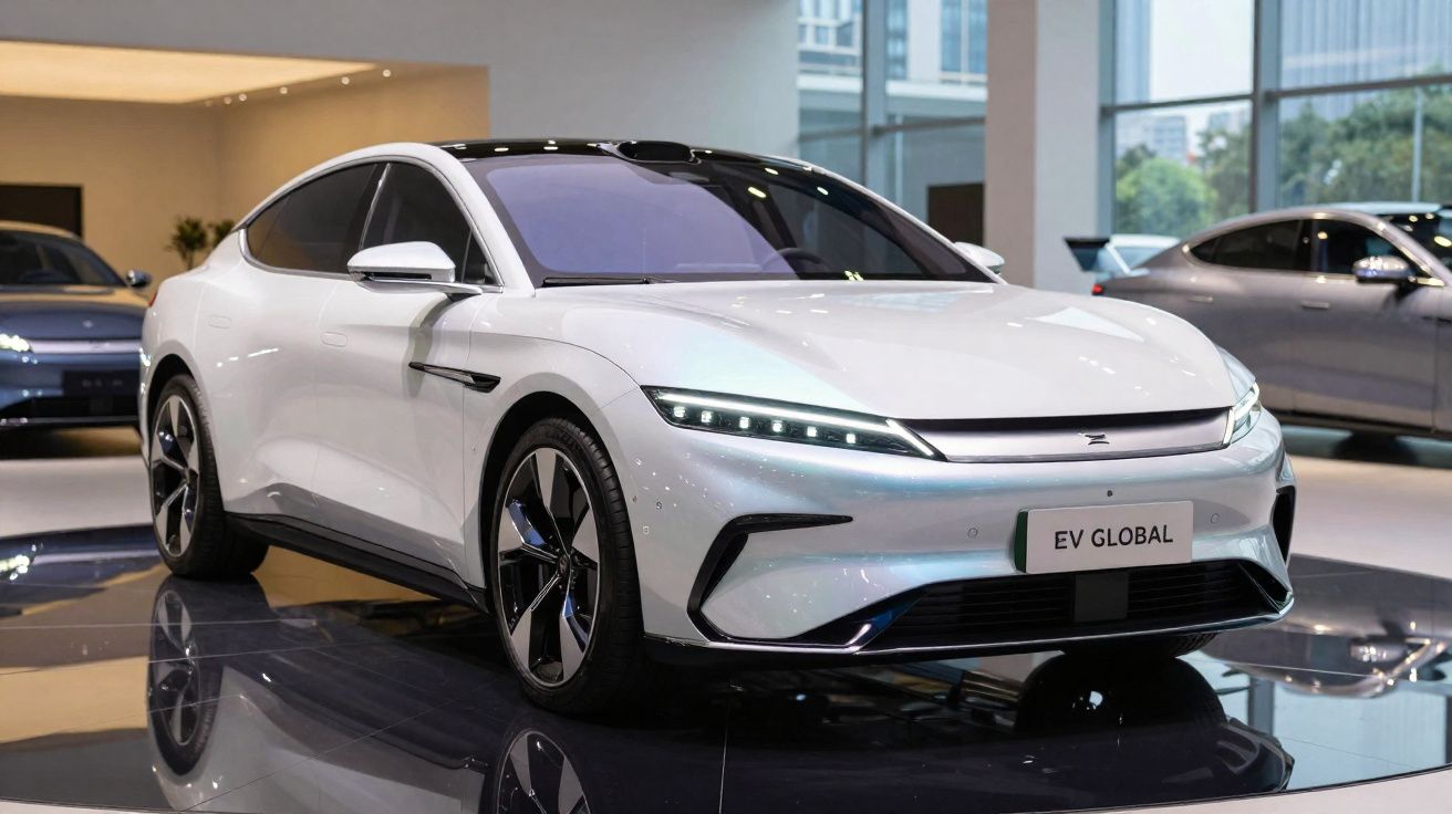 Carro elétrico branco moderno exposto em salão automóvel com design aerodinâmico e faróis LED finos.