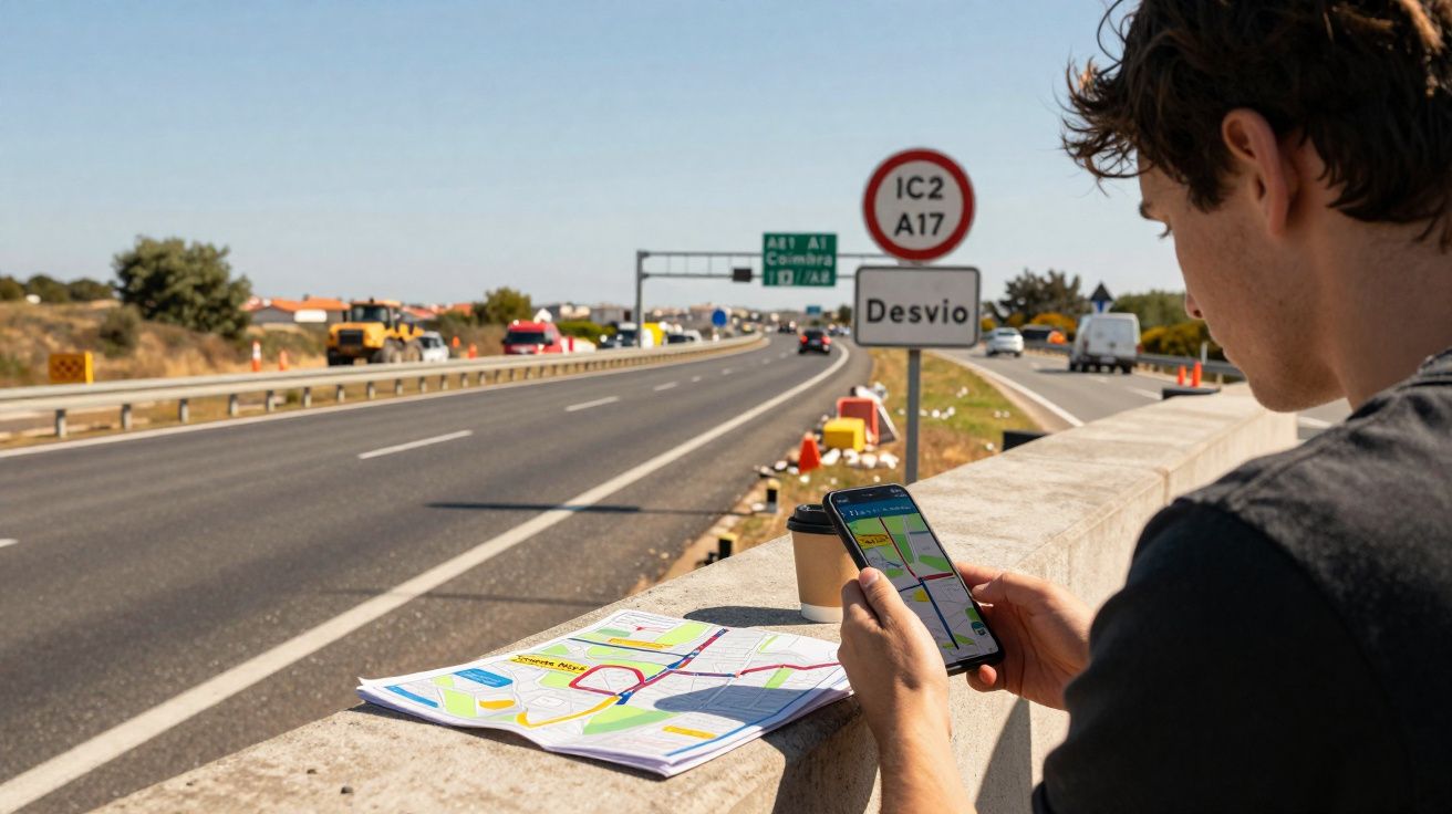 Jovem vê mapa no telemóvel e mapa em papel junto a estrada com sinais de desvio.