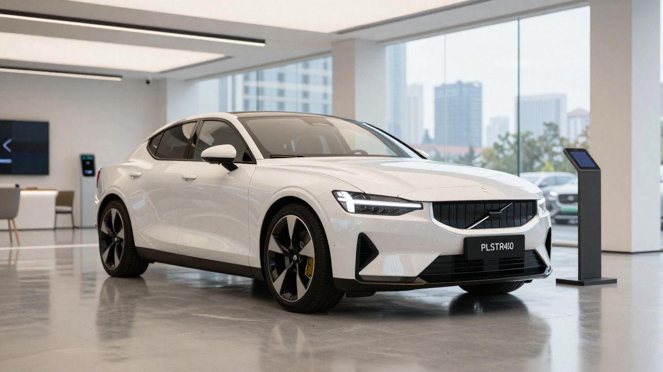 Carro elétrico branco estacionado em espaço interior moderno, com janelas amplas e vista urbana ao fundo.