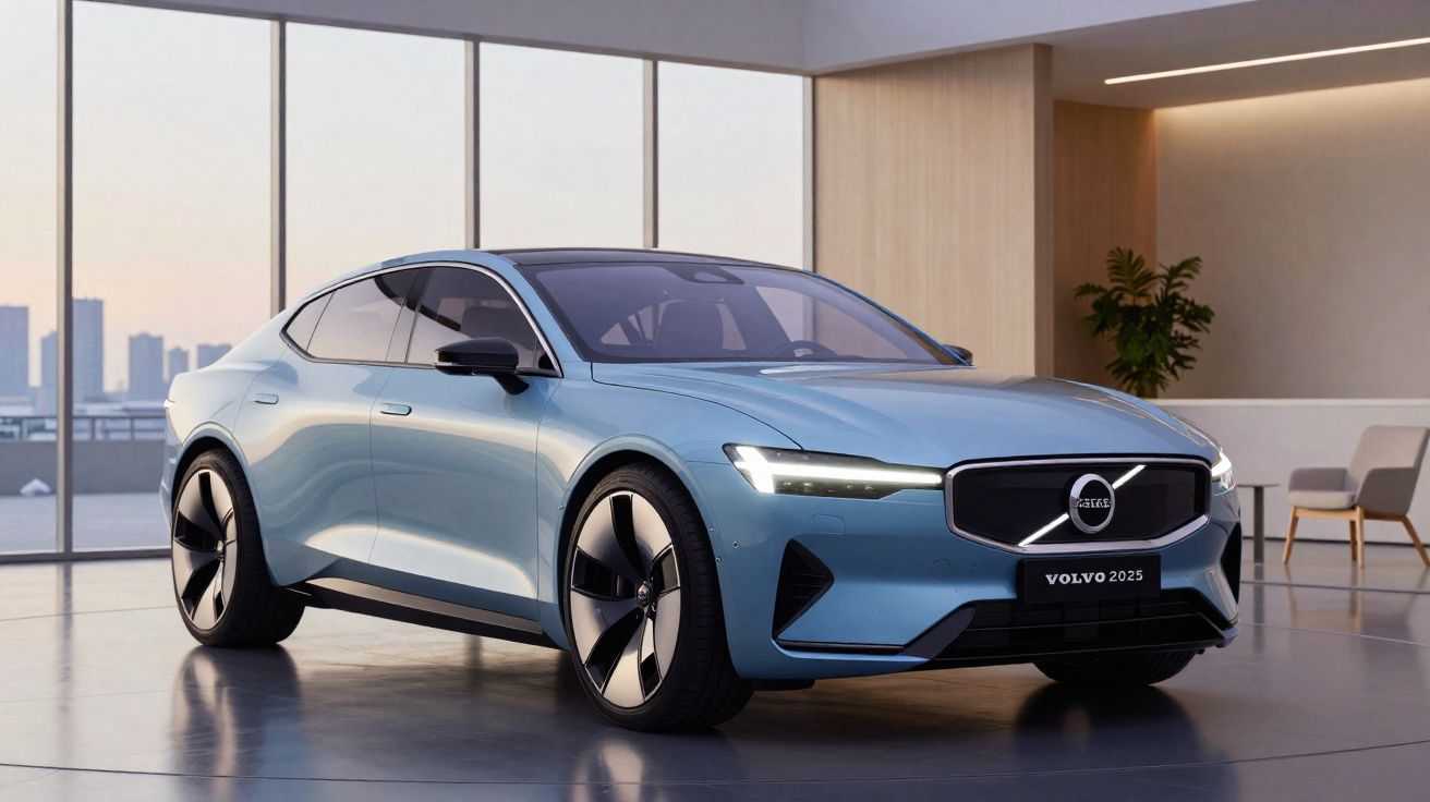 Carro elétrico Volvo 2025 azul claro estacionado em ambiente interior moderno com janelas amplas.