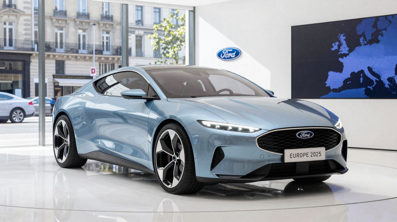 Carro desportivo elétrico azul da Ford em exposição, com placa "Europe 2025" num ambiente moderno e iluminado.