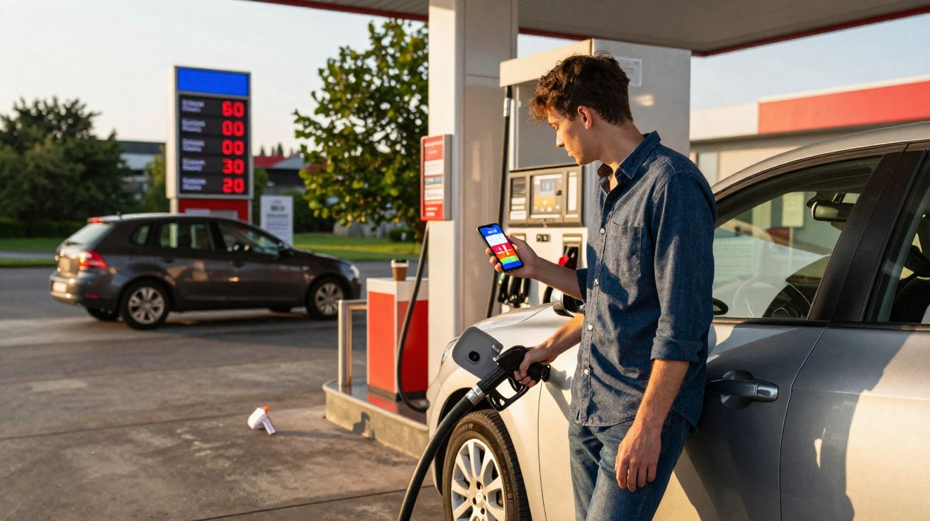 Homem jovem a abastecer carro numa bomba de combustível enquanto consulta telemóvel numa estação de serviço.