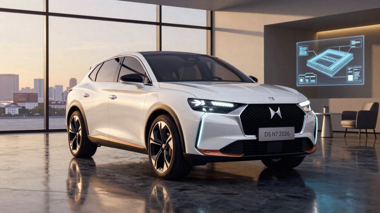 Carro elétrico DS N7 2026 branco estacionado numa sala moderna com grandes janelas e holograma projetado.