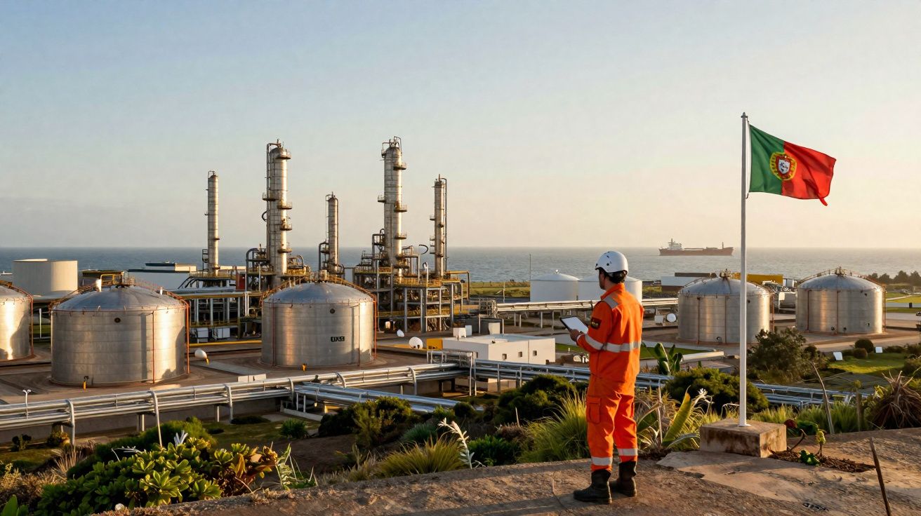 Engenheiro de segurança em uniforme laranja junto a bandeira de Portugal observa refinaria ao pôr do sol.