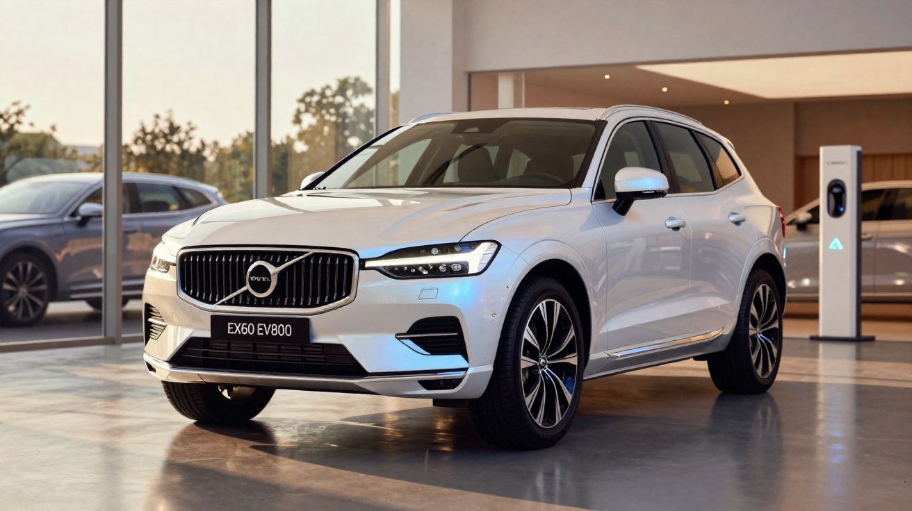 Viatura Volvo EX60 EV800 branca estacionada em showroom moderno com carregador elétrico ao fundo.