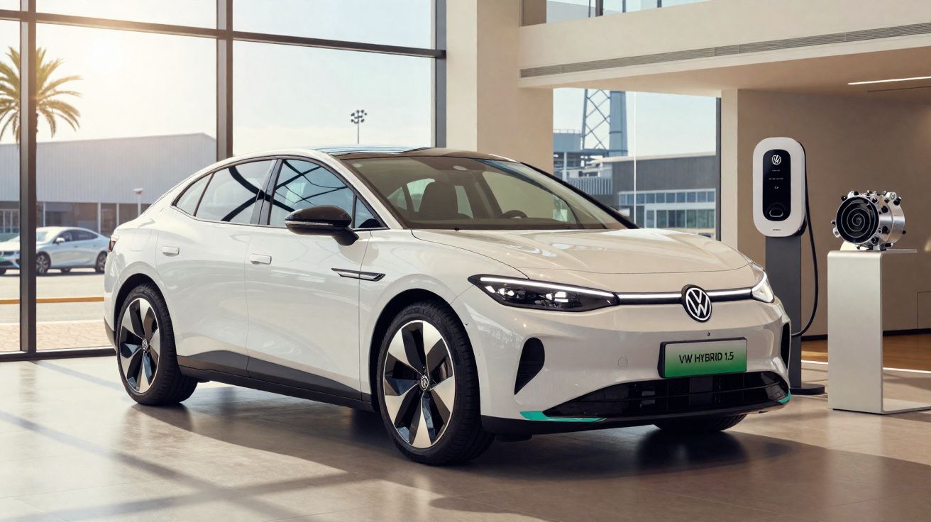 Carro elétrico Volkswagen branco estacionado em showroom moderno com carregador de bateria na parede.