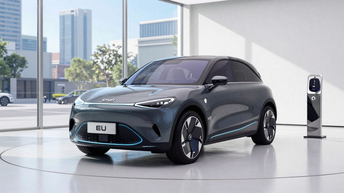 Carro elétrico cinza Smart EU numa sala de exposição moderna com carregador elétrico ao lado.