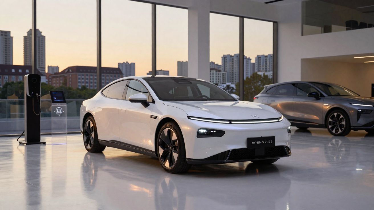 Carro elétrico branco em showroom moderno com janelas amplas e cidade ao fundo ao pôr do sol.