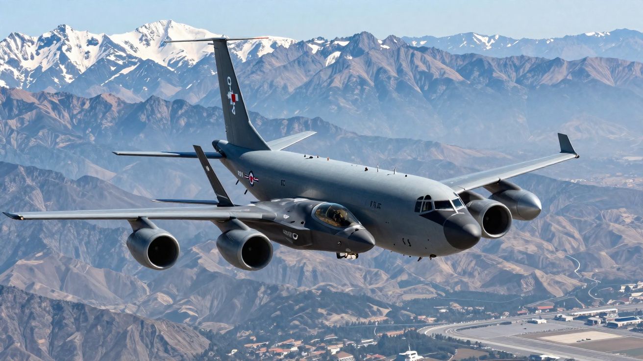 Aviões militares em voo sobre montanhas rochosas com picos cobertos de neve ao fundo.