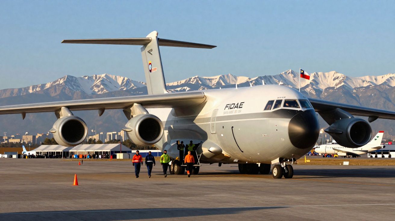 Avião militar FIDAE no aeroporto com montanhas nevadas e pessoas em redor no Chile.