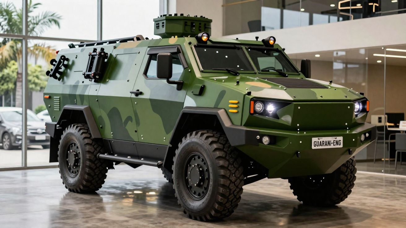 Veículo blindado militar verde camuflado estacionado em interior com janelas amplas.