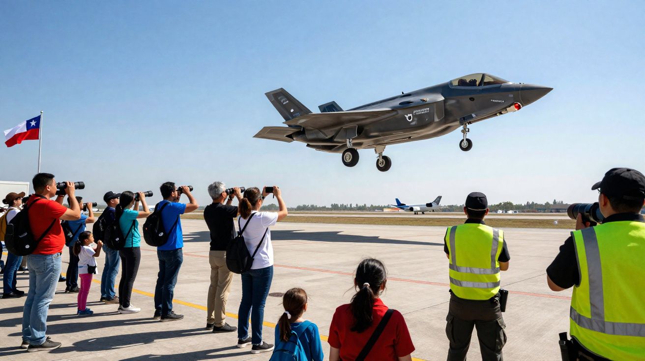 Avião militar F-35 em voo baixo sobre pista, com grupo de pessoas a fotografar e bandeira do Chile ao lado.