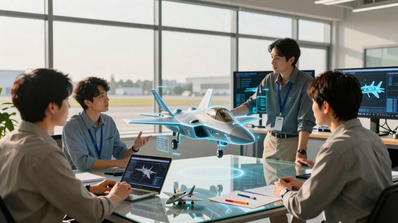 Engenheiros discutem projeto de avião futurista em escritório com holograma 3D e computadores.