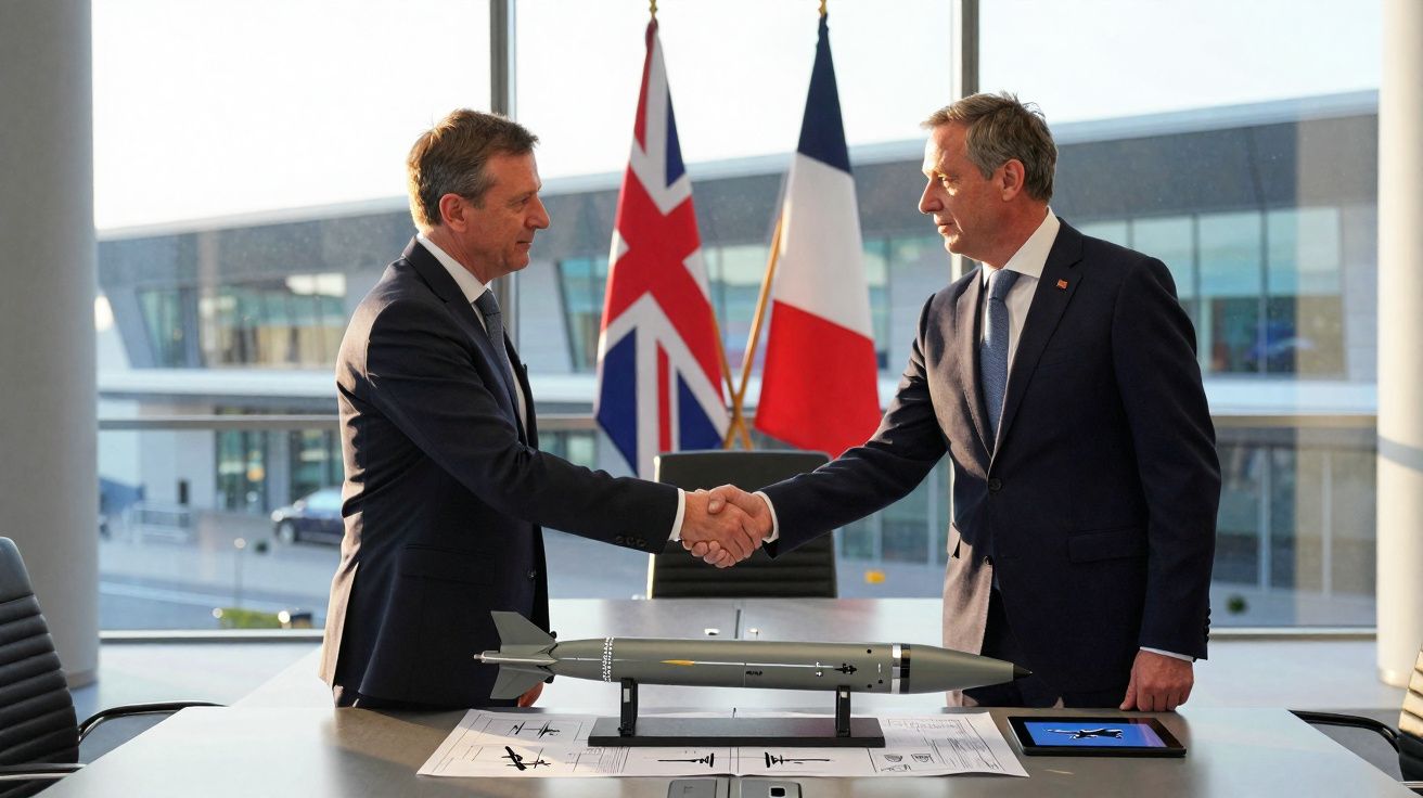 Dois homens de fato apertam as mãos sobre uma mesa com maquete de míssil, com bandeiras do Reino Unido e França ao fundo.