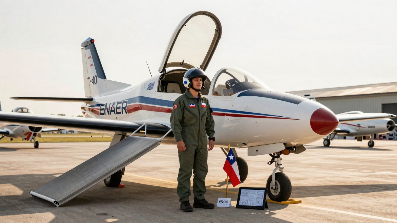 Piloto em fato verde e capacete azul ao lado de avião de treino branco com detalhes azuis e vermelhos em pista de aeroporto.