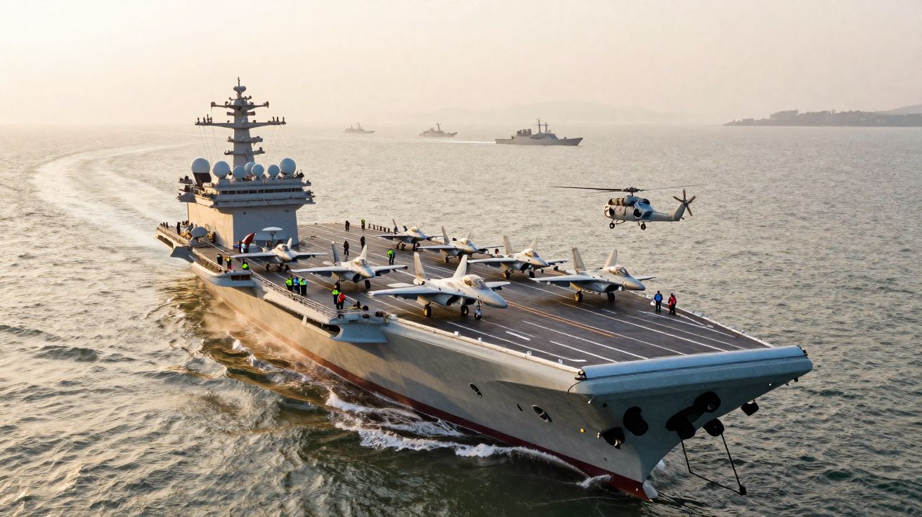 Porta-aviões militar com vários caças no convés e um helicóptero a descolar no mar ao entardecer.