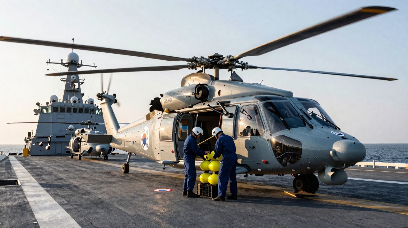 Helicóptero militar cinzento e dois homens em fato azul a manusear equipamento amarelo no convés de um navio de guerra.