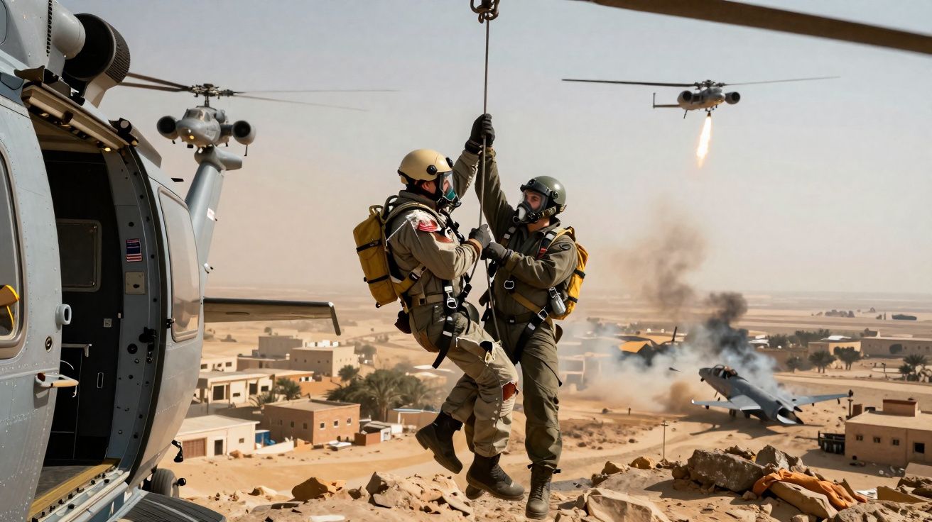 Dois soldados em treinos de resgate descem de helicóptero com cenário de vila e outro helicóptero ao fundo.