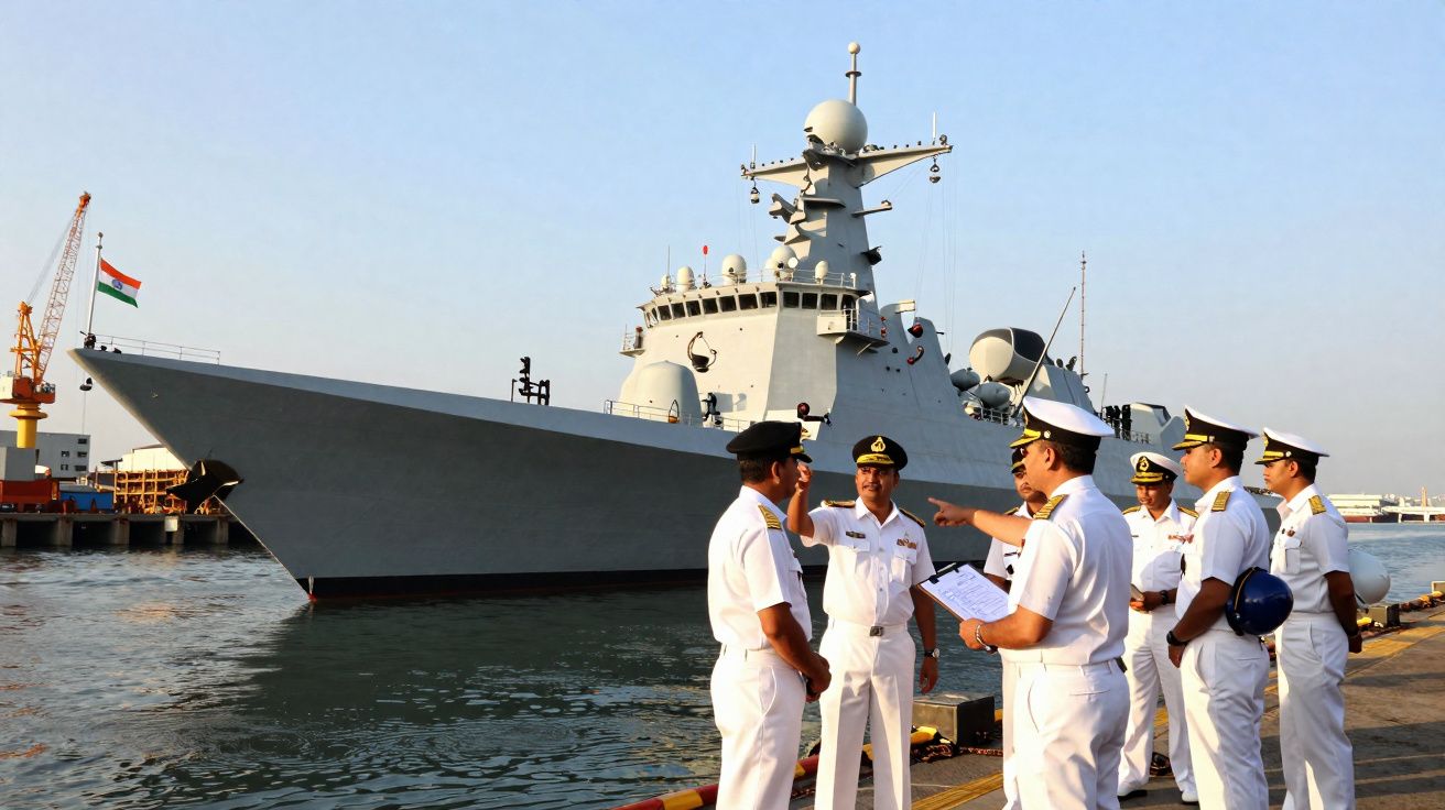 Oficiais navais em uniforme branco em cais junto a um grande navio de guerra com bandeira da Índia.