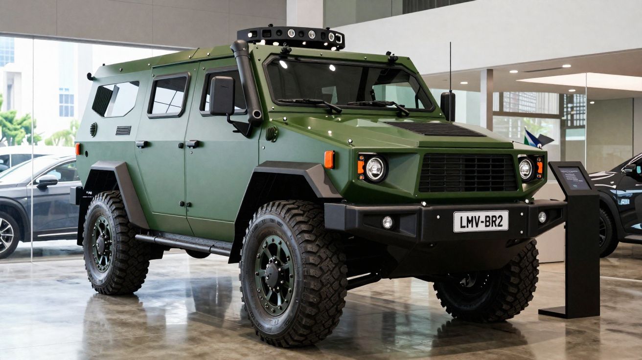 Veículo blindado militar verde exposto em salão, com pneus grandes e linhas angulares robustas.