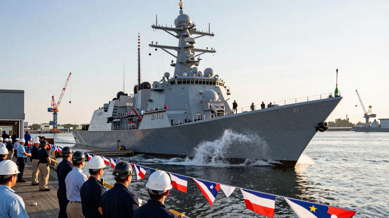 Navio militar cinzento atracado no porto com tripulação e pessoas de segurança a observar no cais.