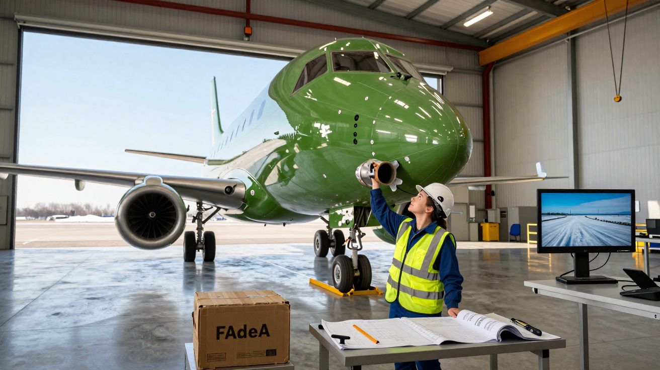 Engenheira em colete refletor inspeciona avião verde num hangar com equipamentos e monitor ao lado.