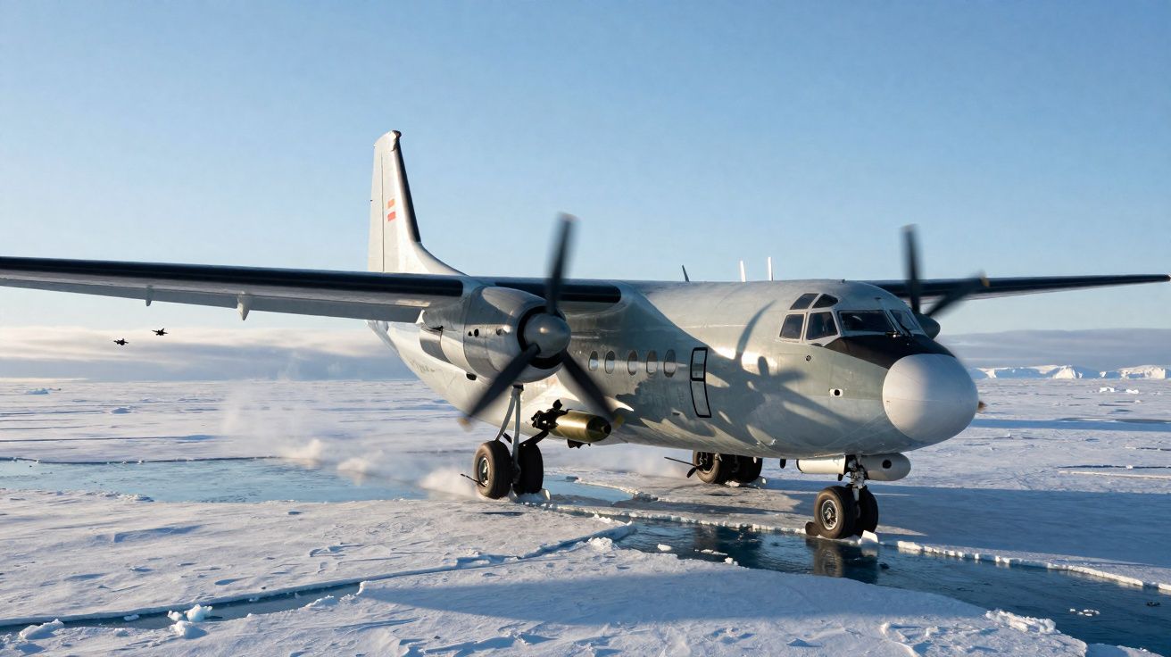 Avião militar a jato com hélices a andar na superfície gelada e nevada no Ártico.