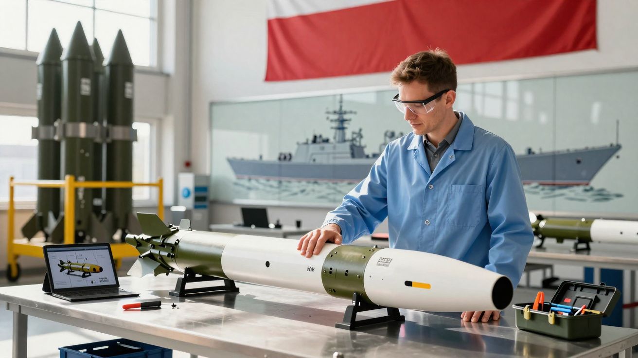 Engenheiro em laboratório a analisar torpedo militar sobre mesa com computador e ferramentas.