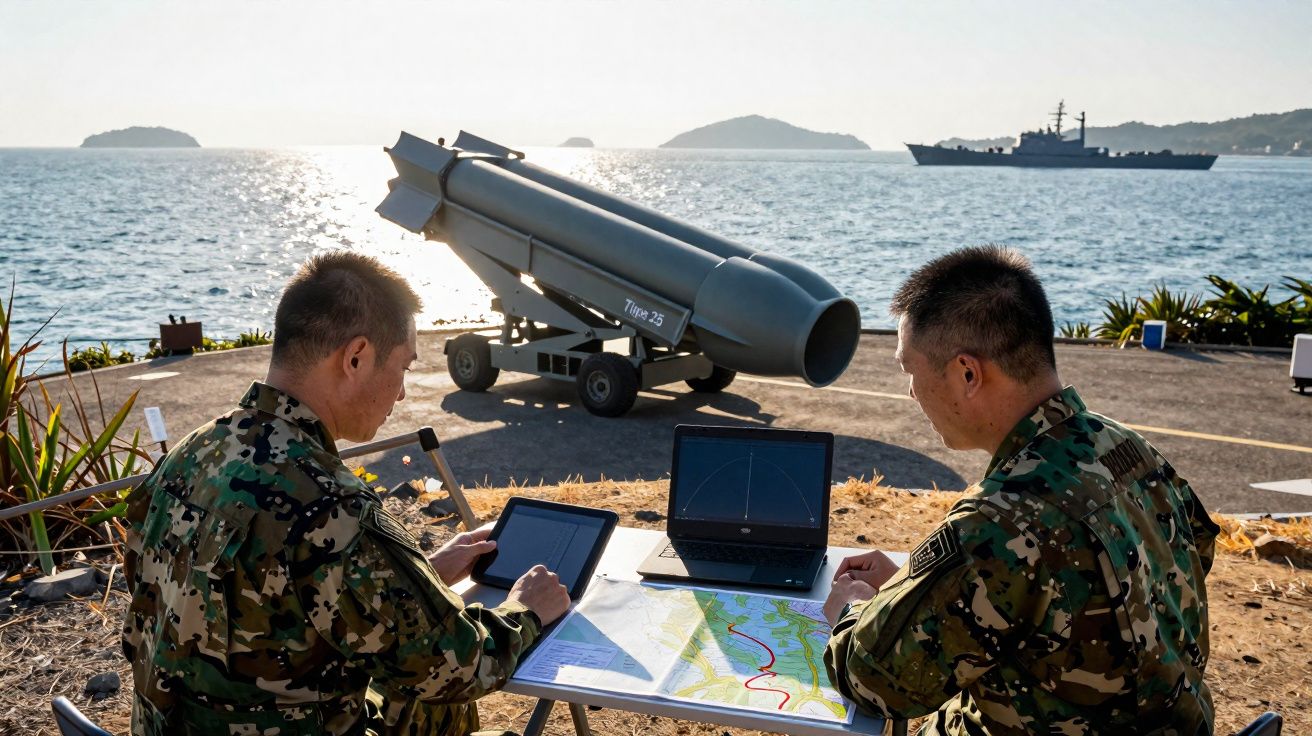 Dois militares em uniformes camuflados trabalham com mapas e computadores junto a um sistema de míssil na costa.