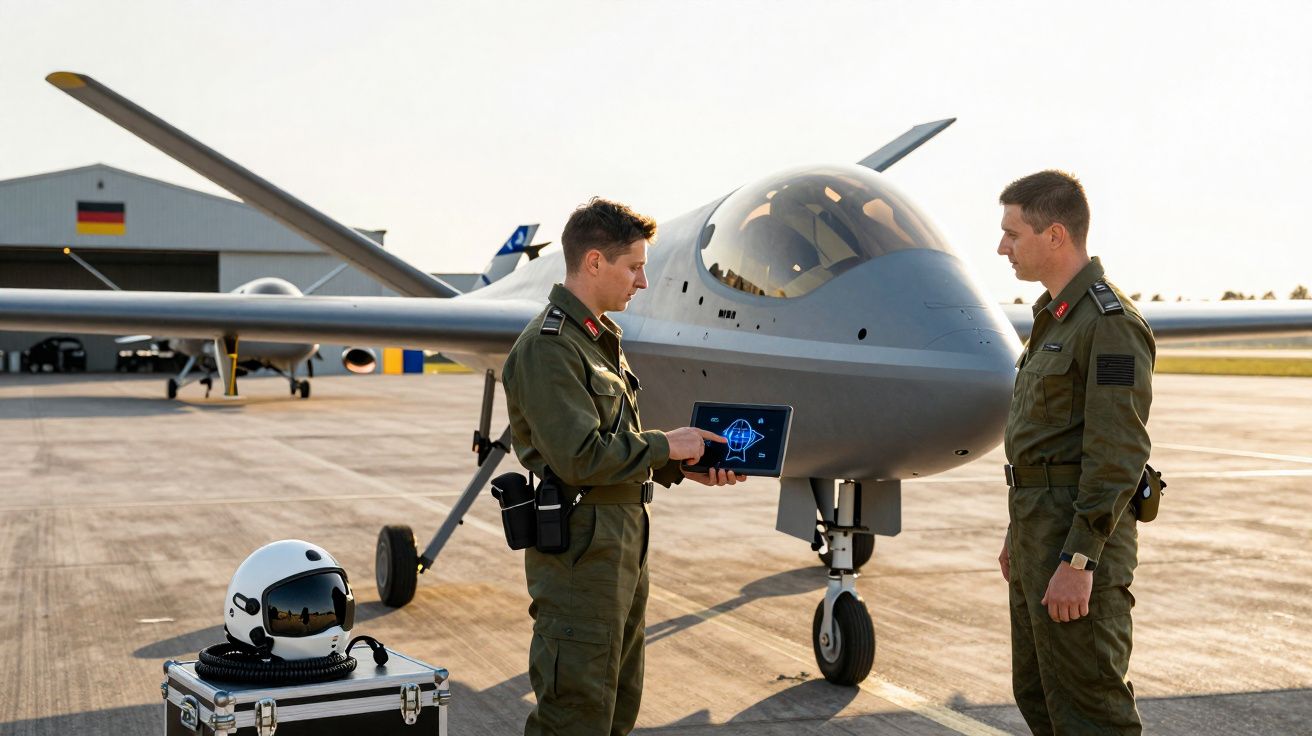 Dois militares em uniforme verde estão junto a um drone militar estacionado num aeroporto.