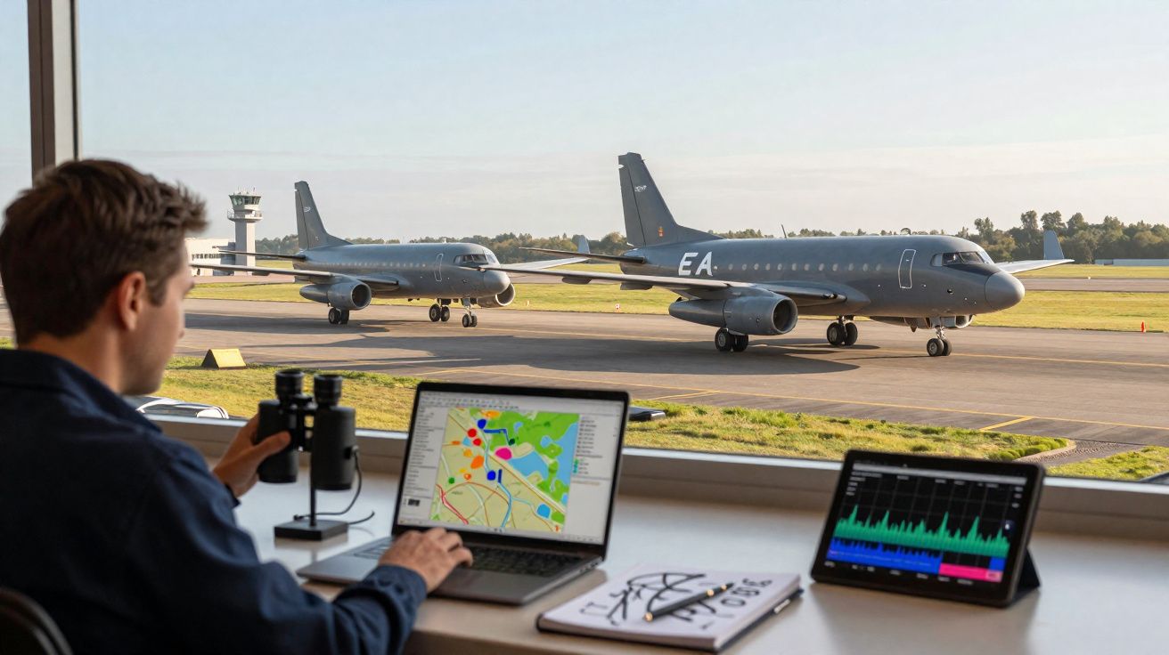 Homem observa aviões cinzentos na pista de aeroporto enquanto utiliza portátil e tablet numa torre de controlo.