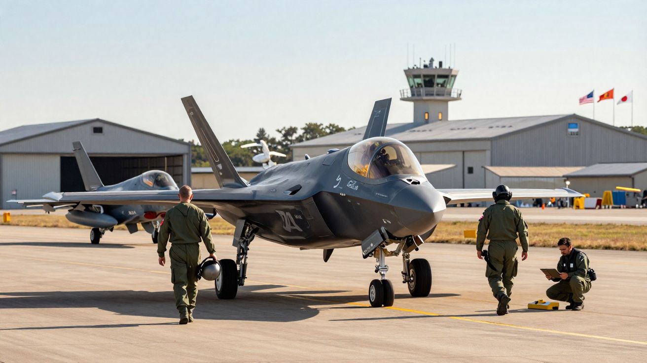 Dois caças militares F-35 estacionados num aeroporto, com três militares ao redor e uma torre de controlo ao fundo.