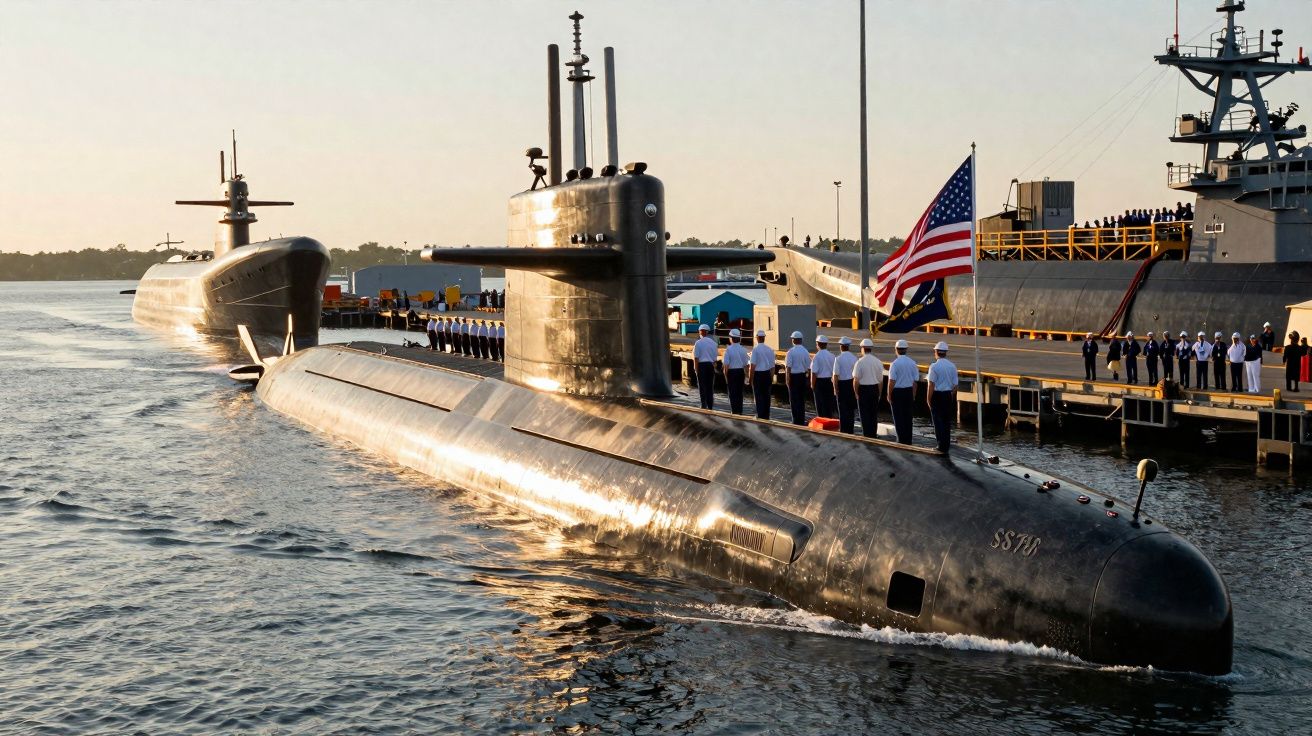 Dois submarinos militares pretos atracados junto a um cais com tripulações alinhadas e bandeira dos EUA visível.