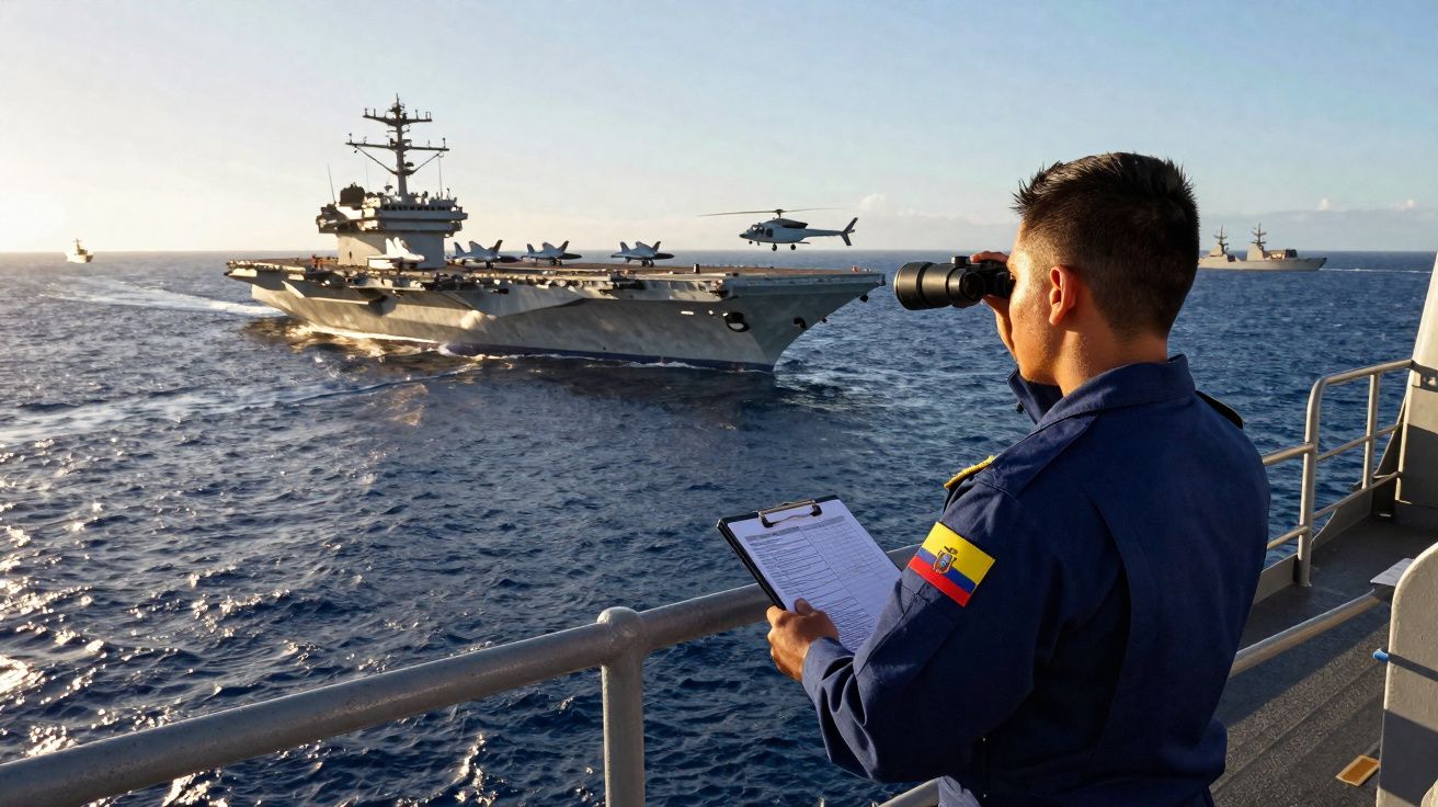 Militar observa porta-aviões e helicóptero no mar usando binóculos e segurando prancheta.