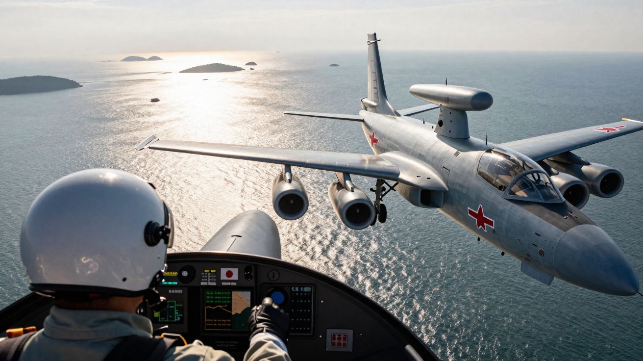 Piloto em capacete voa perto de avião militar sobre o mar com ilhas ao fundo e sol refletido na água.