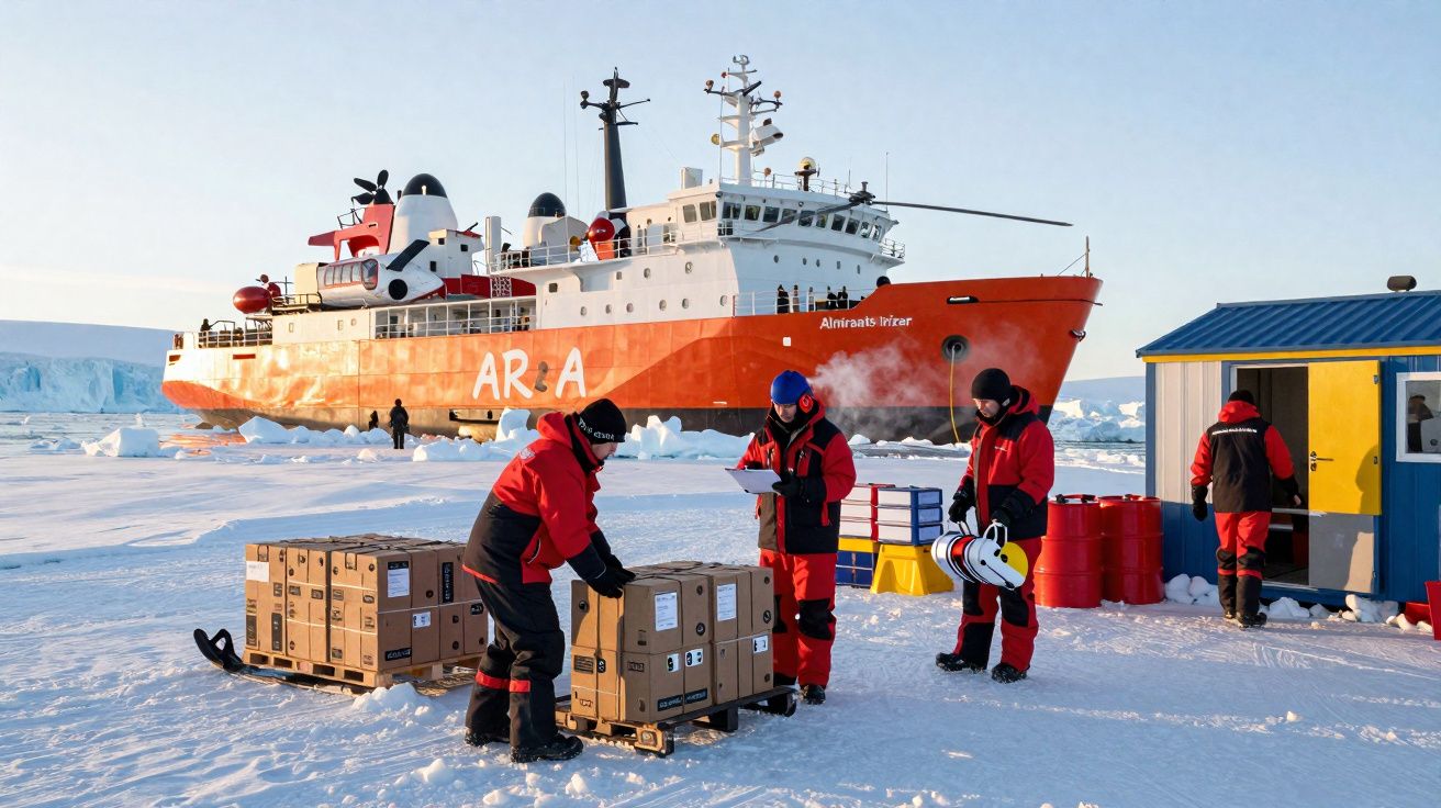 Equipa em vestuário térmico trabalha com caixas junto a navio de pesquisa em ambiente gelado e neve.