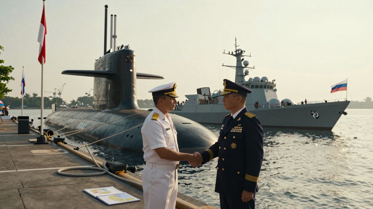 Dois militares apertam as mãos junto a um submarino e um navio de guerra atracados no porto.