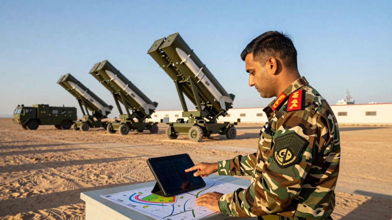Militar em uniforme a operar tablet com lançadores de mísseis em posição num terreno arenoso.