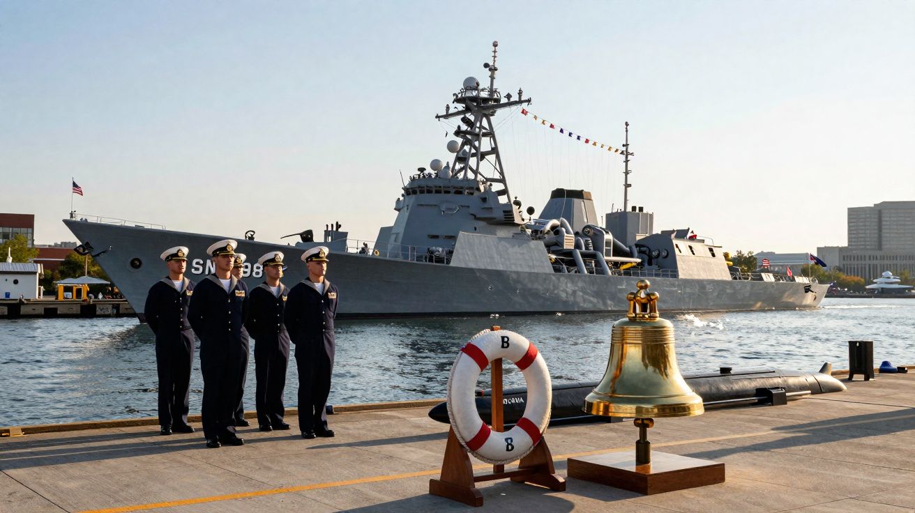 Marinheiros em cerimónia junto a sino e boia no cais, com navio militar atracado ao fundo.