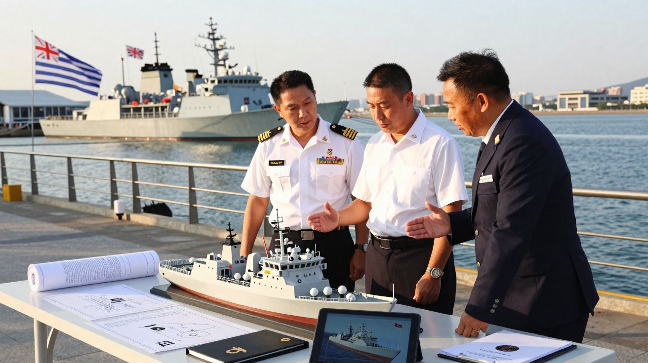 Três homens discutem um modelo de navio militar numa mesa à beira-mar com um destróier ao fundo.