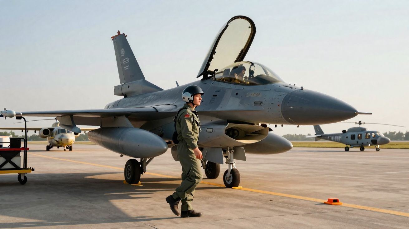 Piloto militar em fato de voo e capacete caminha junto a avião de caça estacionado em pista de aeroporto.