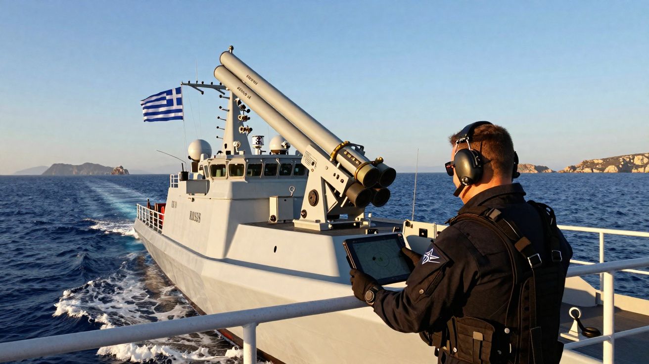 Militar com equipamento de comunicação observa navio de guerra grego no mar ao pôr do sol.